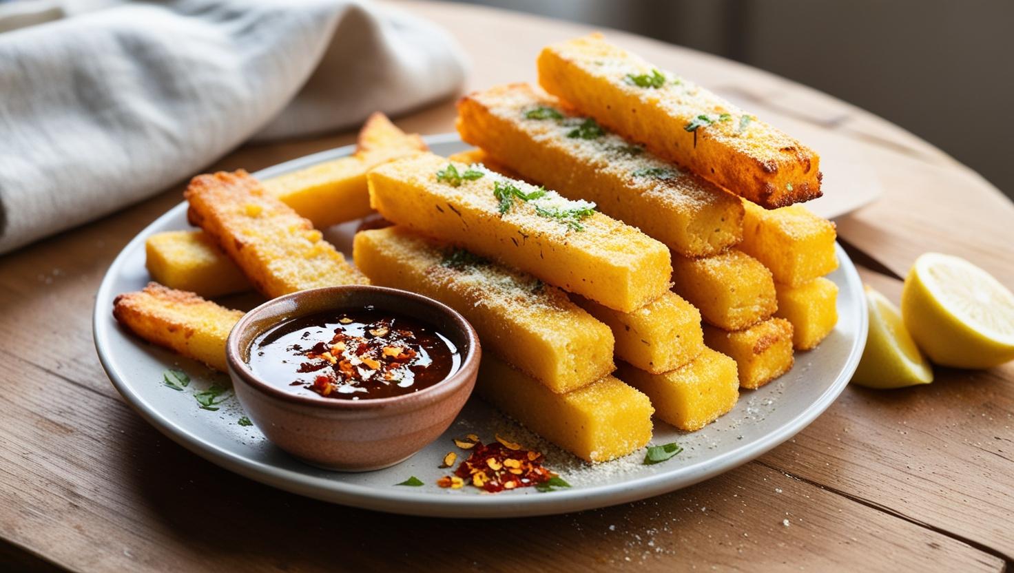 Knusprige Polenta-Sticks mit Parmesan und Chili-Honig-Dip