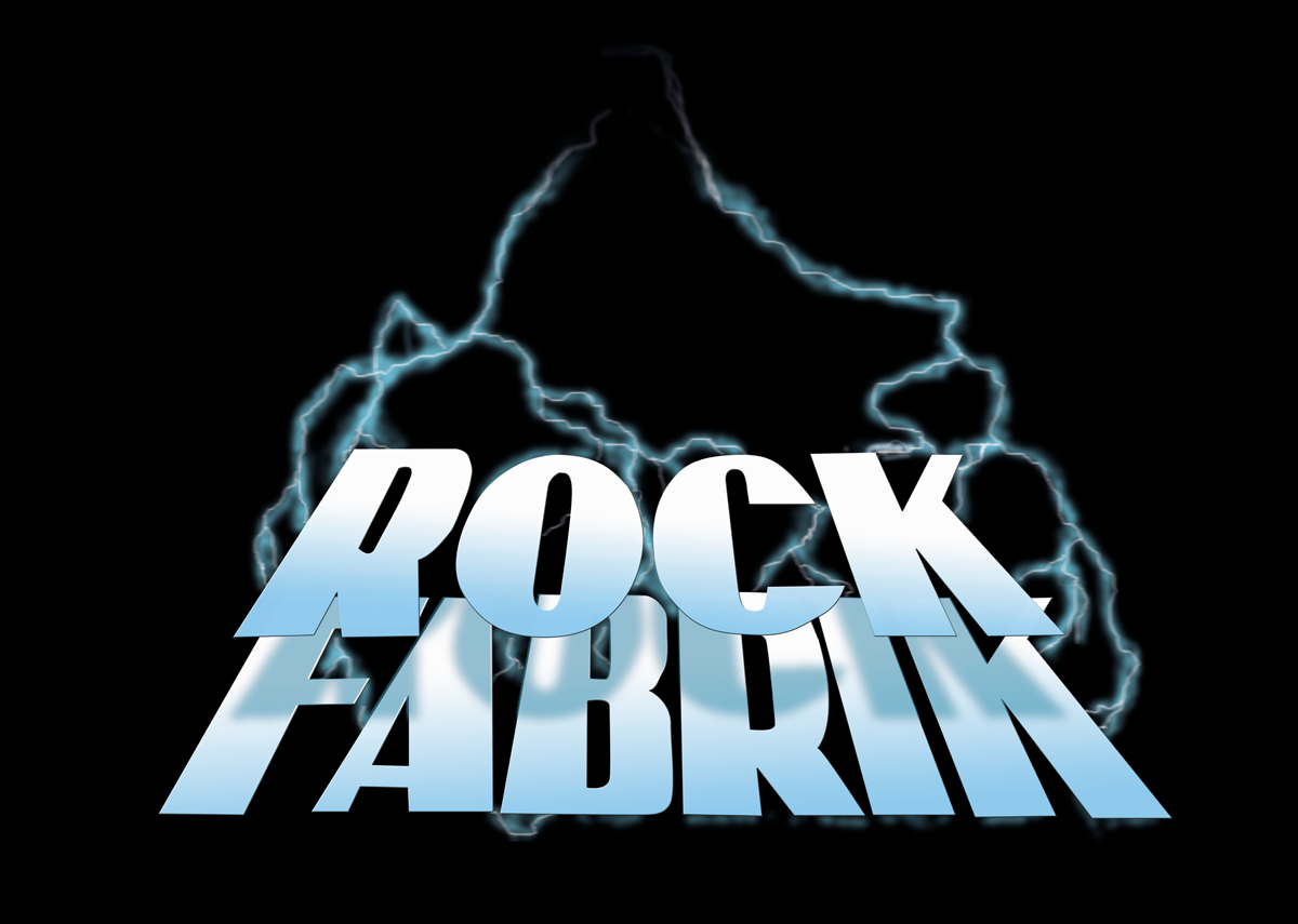 Schwarzer Hintergrund mit dem Schriftzug "ROCK FABRIK" in weiss-blau mit Blitzen.